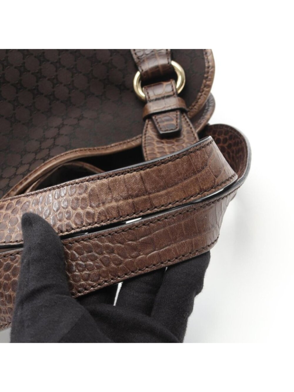 Celine Handbag Bittersweet Macadam Croco Embossed Dark Brown Canvas Leather - Picture 5 of 8